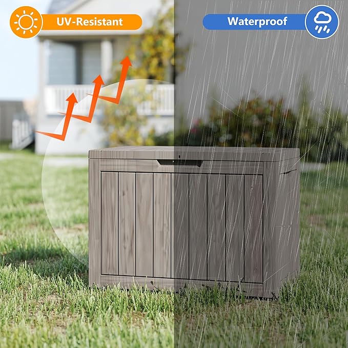 Yardgrace 35 Gallon Small Waterproof Outdoor Storage Box, Resin Deck Box Lockable for Patio Furniture, Garden Tools, Pool Accessories, UV-Resistant for All Weather Use, Greige