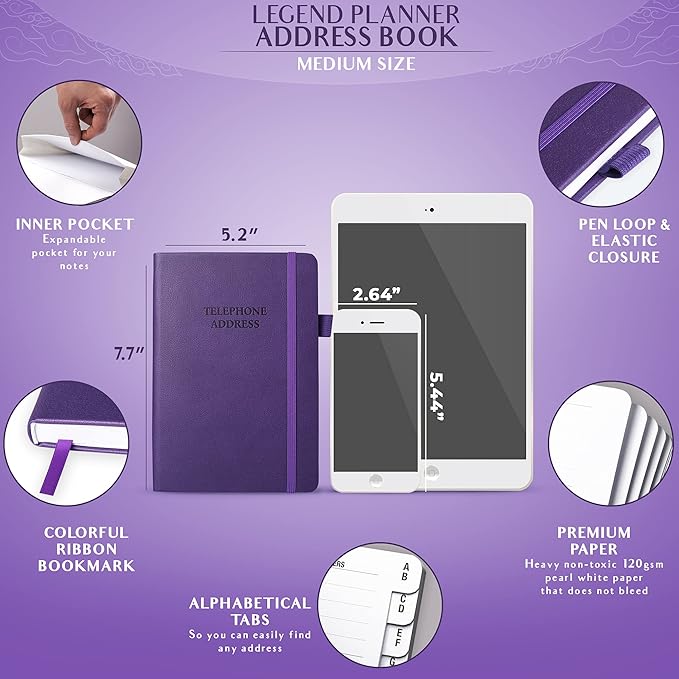 Legend Planner Address Book with Alphabetical Tabs –Telephone Contacts Book for Phone Numbers, Addresses, Passwords, Medium (Purple)