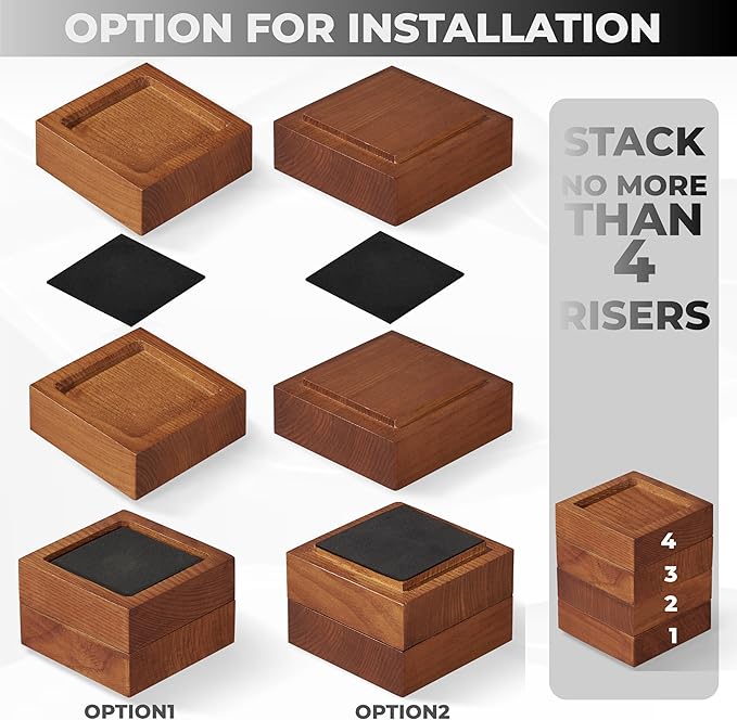 Bed Risers, Furniture Risers (Set of 8-Height 1") Can be Adjusted to 2'' 3''or 4'', Lifts Furniture Risers, Solid Natural Wood Risers, Non-Slip Recessed Hole (Square-Light Brown Color)