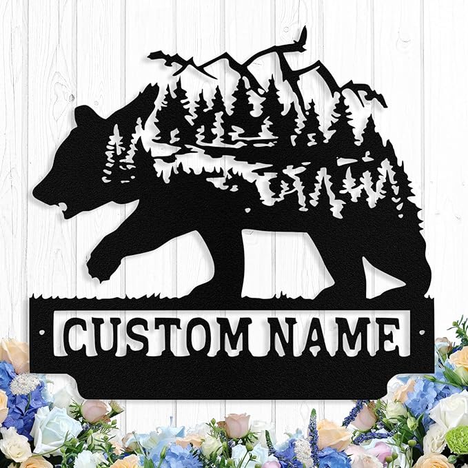 Custom Bear Metal Sign, Custom Bear Metal Wall Art Decor, Personalized Last Name Signs for Home, Rustic Farmhouse Black Wall Decor for Cabin, Bedroom, Living Room, Porch
