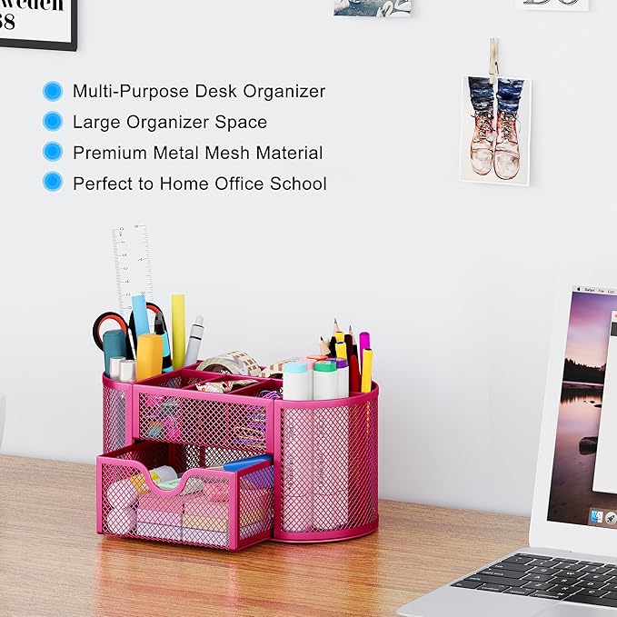 EasyPAG Mesh Pen Holder Desk Organizer with Drawer Stationery Supplies Organizer for Dorm School 9 Compartments Workspace Desk Accessories Organization for Office, Hot Pink