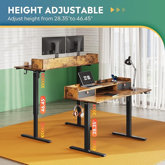 DEVAISE 55×28 Inch Electric Standing Desk with Drawers, Computer Desk with 3 Adjustable Height, Storage Shelf, Built-in USB Outlets and Memory Preset, Sit to Stand Desk for Home Office, Rustic Brown