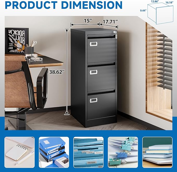 BYNSOE 3 Drawer File Cabinet with Lock Metal Vertical File Cabinet Office Home Narrow File Cabinet for A4 Legal/Letter Size,Assembly Required (Black, 3 Drawers-Vertical)
