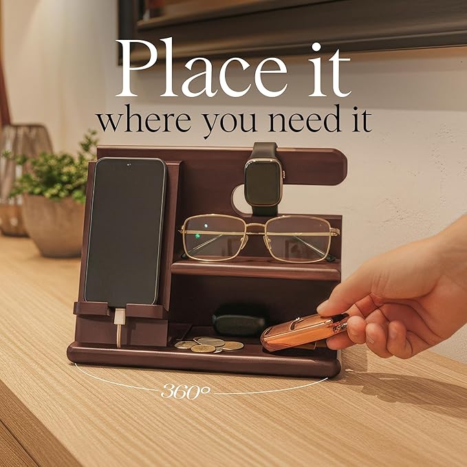 SHARPSPACE Night Stand Organizer – Wood Phone Docking Station, 360° Rotating Base with Charging Slot, Holds Watch, Wallet, Keys, Eyewear – Nightstand Organizer for Men, Bedroom or Office Use, Dark Brown