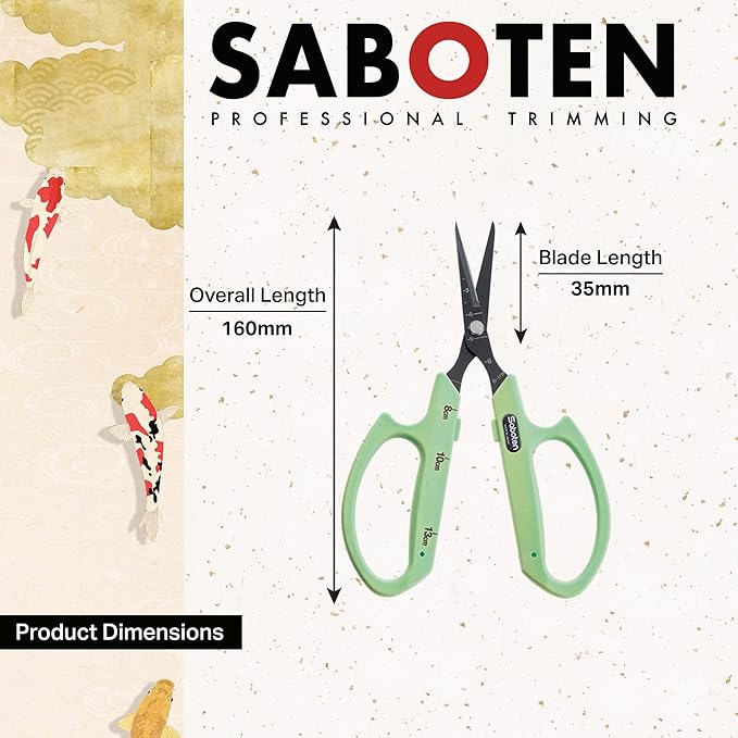 Saboten Fluorine Coated Angled Blade Trimming Scissors Green PT-2 160mm Precision Gardening Bonsai and Floral Shears Made in Japan