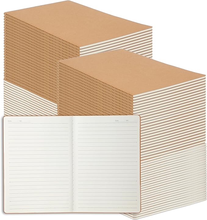miikoul 100 Pack A5 Kraft Paper Notebook Lined Journal Bulk, 8.3 X 5.5 Inch, 60 Pages/30 Sheets, 80gsm, Travel Notebook Notepad for Adult, Students, Gift, Office, Back to School Supplies