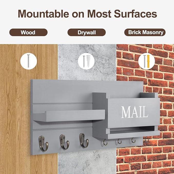 Lwenki Mail Organizer for Wall Mount – Key Holder with Shelf Includes Letter Holder and Hooks for Hallway Farmhouse Decor – Rustic Wood with Flush Mounting Hardware (16.5” x 9.1” x 3.4”) (Gray)