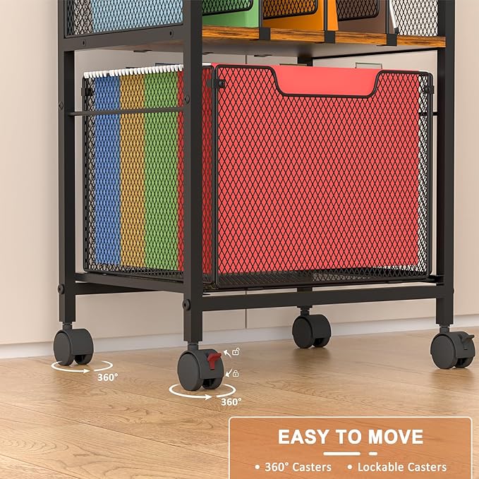 Tiaoheka Rolling File Cabinet with Adjustable Dividers, Vertical Filing Cabinet with Storage Drawer on Lockable Wheels, Hanging File Organizer Beside Under Desk for Office, Home（Patent Pending）