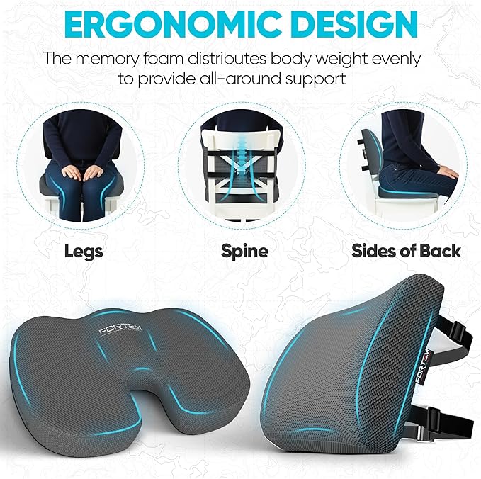 FORTEM Seat Cushion, Office Chair Cushion, Lumbar Support Pillow for Office Chair, Memory Foam Sciatica Coccyx Tailbone Pressure Pain Relief, Car Sitting Pad, Washable Non Slip, XL
