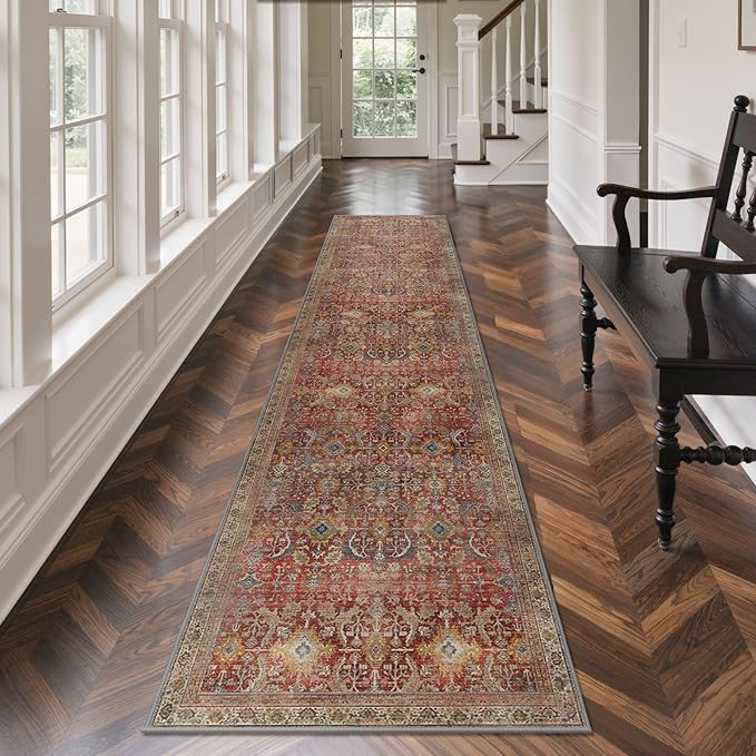 GENIMO 2x10 Runner Rugs for Hallway, Machine Washable Non Slip Vintage Rugs, Low Pile Lightweight Soft Print Rug for enrtyway, Corridor, Home Office, Kitchen, Mocha Brick