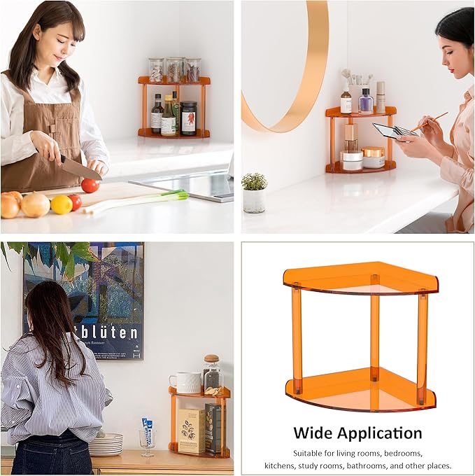 Sezanrpt 2 Tier Countertop Corner Organizer Shelf 7x7x8 Inch, Orange Acrylic Bathroom Corner Shelf for Countertop, Vanity Storage for Skincare, Cosmetics, Perfume