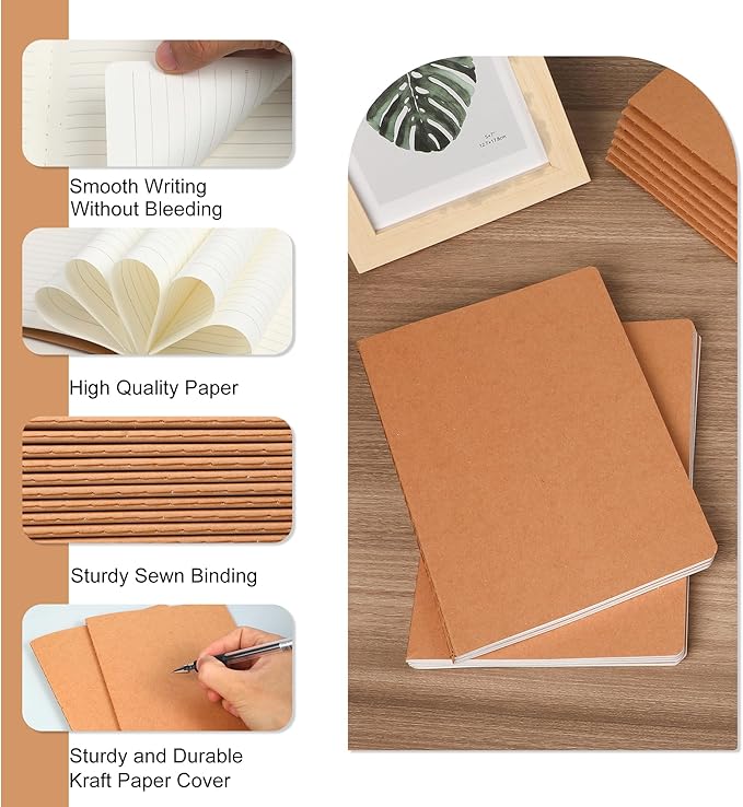 miikoul 12 Pack A5 Kraft Paper Notebook Lined Journal Bulk, 8.3 X 5.5 Inch, 60 Pages/30 Sheets, 80gsm, Travel Notebook Notepad for Adult, Students, Gift, Office, Back to School Supplies