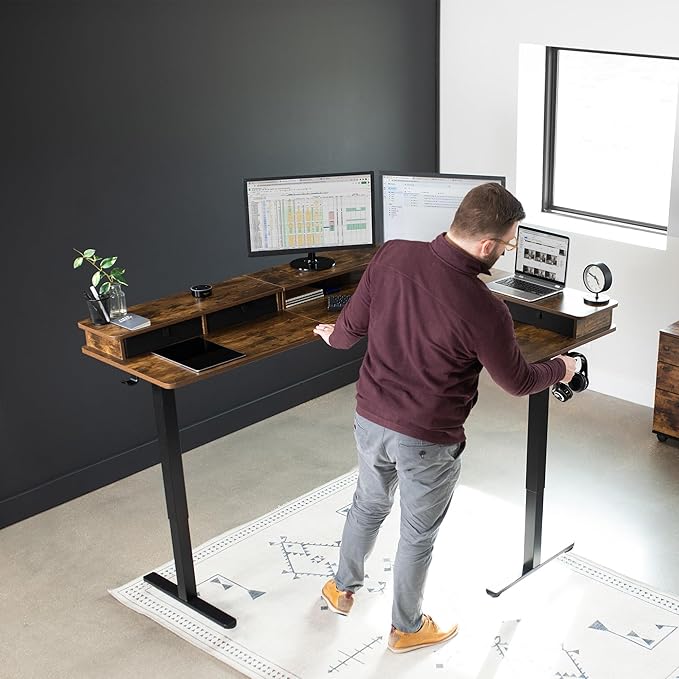 VIVO Electric 2-Tier Corner L-Shaped 63 x 55 inch Standing Desk, Height Adjustable, Memory Controller, Rustic Vintage Brown Top Black Frame, Black Drawers, DESK-E3CVN