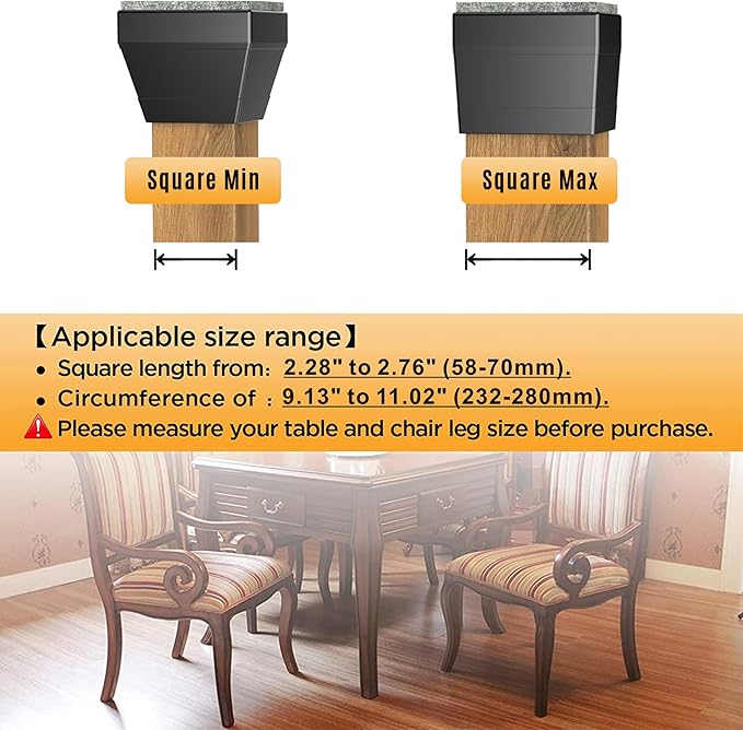 Square Chair Leg Protectors for Hardwood Floors,16 Pcs Silicone Felt Furniture Legs Caps to Prevent Floor from Scratches and Reduce Noise, Easy to Move,（Fit: 2.25" -2.75" Black）.