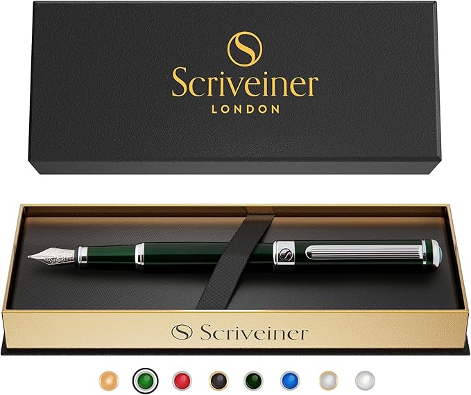 Scriveiner British Racing Green Fountain Pen - Stunning Luxury Pen with Chrome Finish, Schmidt Nib (Fine), Best Pen Gift Set for Men & Women, Professional, Executive, Office, Nice Pens