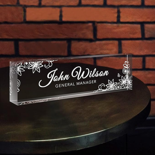 SalaGraphics Custom Engraved Acrylic Name Plates for Desks, Office Desk Plate Personalized, Decor Nameplate, Nurse Manager Employee Teacher Appreciation Gifts, Accessories (Flowers E)