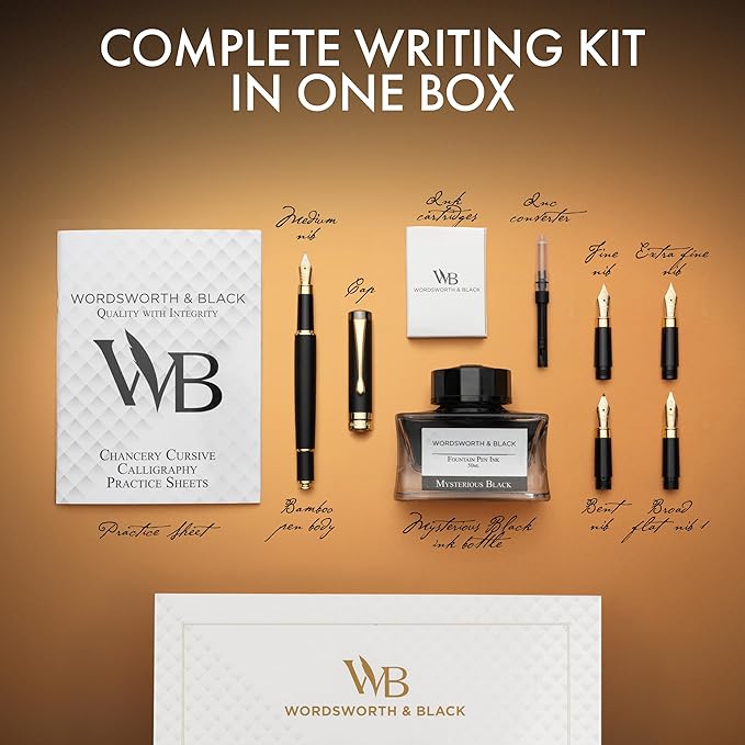 Wordsworth & Black Fountain Pen Gift Set, Includes Ink Bottle, 6 Ink Cartridges, Ink Refill Converter, 4 Replacement Nibs, Luxury Bamboo, Journaling, Calligraphy, Smooth Writing Pens [Black Wood]