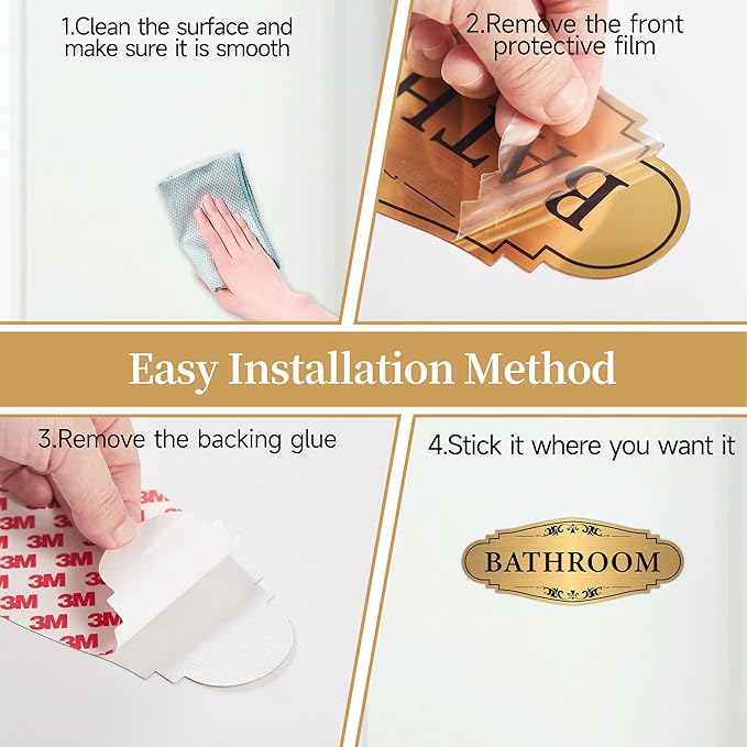 Bathroom Sign Sticker for Business and Home，Self-adhesive Brushed Gold Bathroom Decor for Door，Waterproof Vinyl Restroom Sign for House, Office, Shop