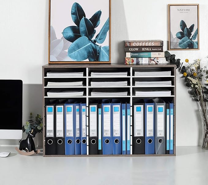 TQVAI Wood Literature Organizer, 27 Slots Hold 13500 Sheets A4 Papers, Wooden Desk File Paper Storage Organizer with Adjustable Shelves, Mailbox Cubbies for Office Home Classroom, Retro Grey/White