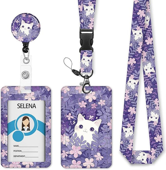 Cute Cat Badge Holder Retractable Lanyard, Lanyards for ID Badges Name Tags Vertical Card Holder, Detachable Lanyard Badge Reel Retractable, Teacher Nurse Workers Women Office Gifts