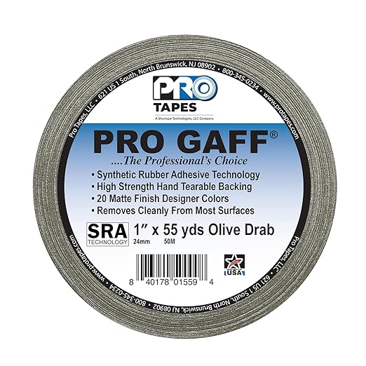 1" Width ProTapes Pro Gaff Premium Matte Cloth Gaffer's Tape With Rubber Adhesive, 11 mils Thick, 55 yds Length, Olive Drab (Pack of 1)