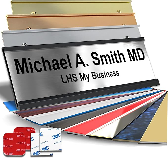 Custom Name Plate for Doors, with Choice of Mounting Holders for Walls, Doors, Cubicles, Hanging and More - Personalized Brushed Silver Plastic Black Letters - USA Made 2x6 - M1
