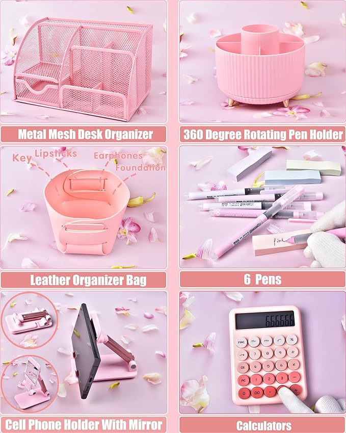 LXEVIHK 21Pcs Pink Desk Organizers and Accessories With Mesh Desk Organizer and 360°Rotating Pen Holder and a Lot of Office Pink Office Supplies Beautifully Presented in a Gift Box