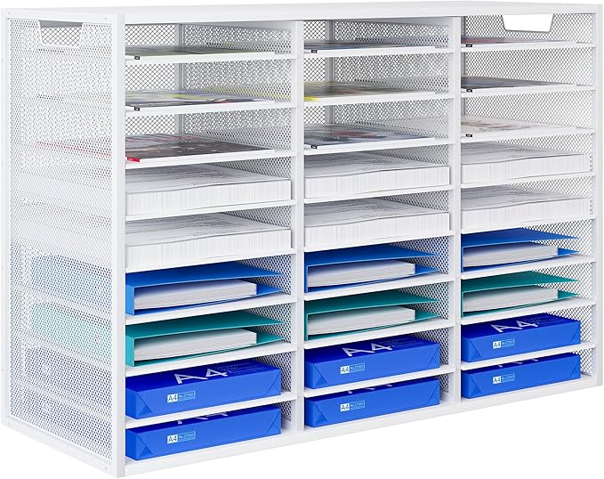 PAG-Mass Mail Sorter Adjustable Countertop Mail Holder, Heavy Duty Literature Organizer, Student Mailbox for Classroom, Desktop Bill Paper Organizer for Office Home School, 27 Compartments, White