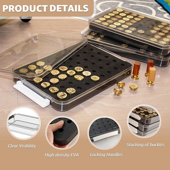 Nuvretk 54 Slot Wax Seal Stamp Head Storage Box - Clear Organizer with Double-Latch Lid, Stackable Design, EVA Foam Pad for Various Stamp Sizes