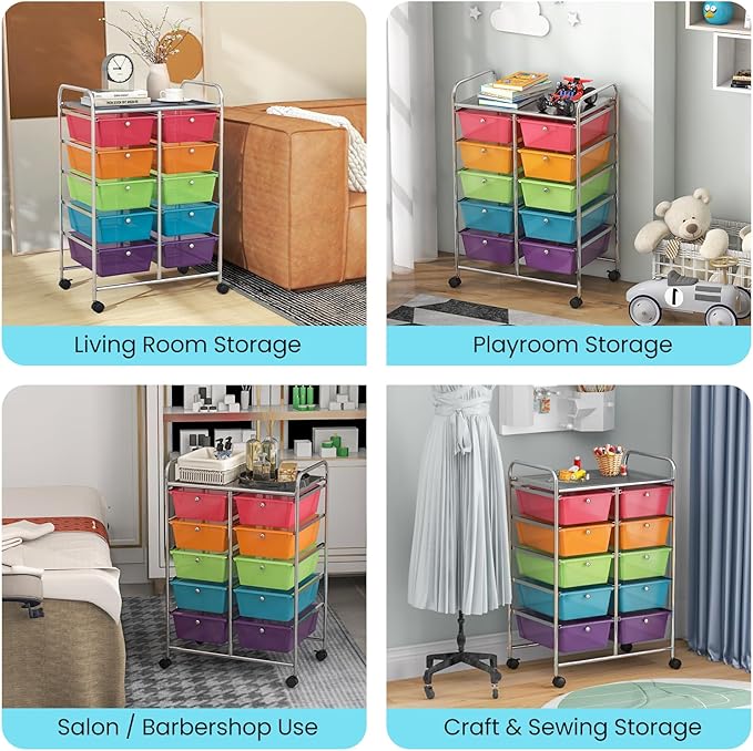 GLACER 10 Drawer Rolling Cart, Storage Cart with Lockable Whieels & Metal Frame, Trolley for Art Craft Oganizer, Mobile Utility Cart for Office, School, Classroom, Kitchen (Clear Rainbow)