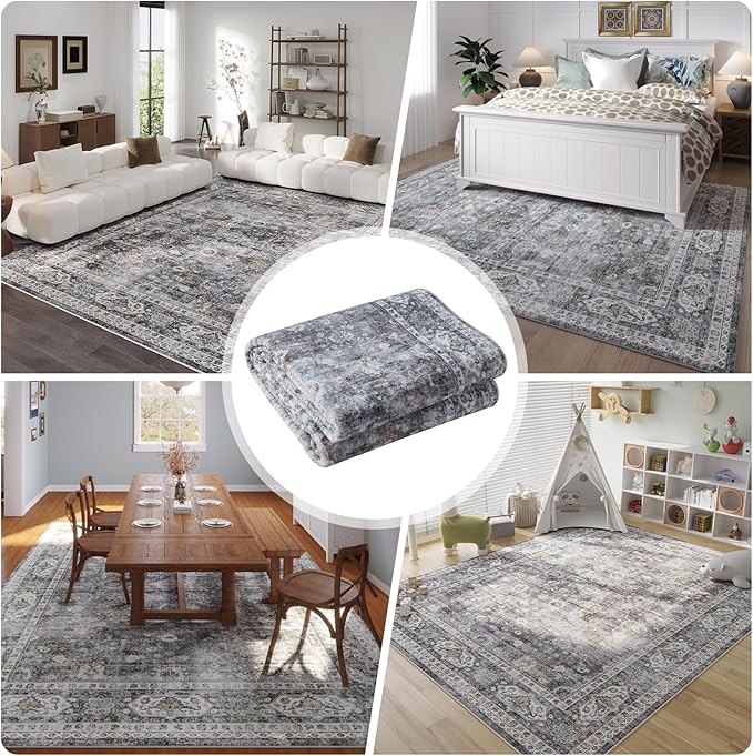 Rugcomf 9x12 Rug Washable Boho Soft Large Area Rug Non-Slip Faux Wool Vintage Rug for Living Room, Farmhouse, Dining Room, Indoor, Kids Playroom (Grey)