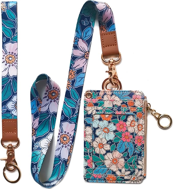 bolimoss Lanyard Wallet,Wallet Lanyard,lanyards for id Badges,lanyards for id Badges for Women,Lanyard Wallet for Women,Fashion Badge Holder with Zipper（Cartoon Floral）