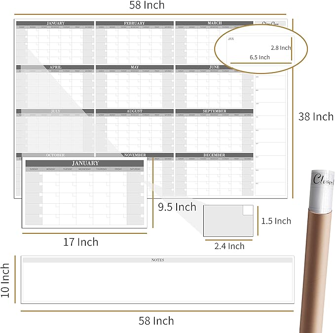 CLEVER CLEAN Large Dry Erase Wall Calendar - 48"x58" 12-month 2026 Undated Reusable Yearly Calendar for Home, Office, School Projects - Jumbo Laminated Task Organizer