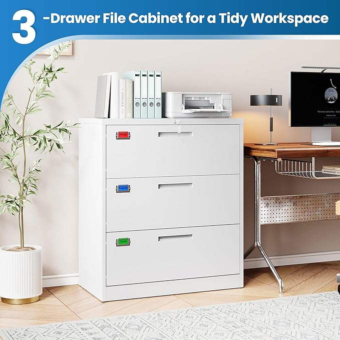 PEUKC 3 Drawer File Cabinet, Lateral Filing Cabinets for Home Office, Office Storage Drawers with Lock, Hanging Files Legal/Letter A4 Size (Assemble Required,White)