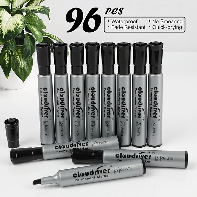 cloudriver Permanent Markers 96 Count, Black Permanent Marker Bulk Set, Chisel Tip, Premium Smear Proof Markers, Quick Drying Ink, Waterproof, Office Supplies for School, Office, Home