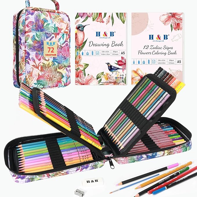 H & B Art Supplies, 72 Pack Drawing Supplies for Adults, Drawing Kit with Drawing Book, Coloring Book, Watercolor, Metallic Charcoal Macaron Oil-Based Coloured Pencils for Artists