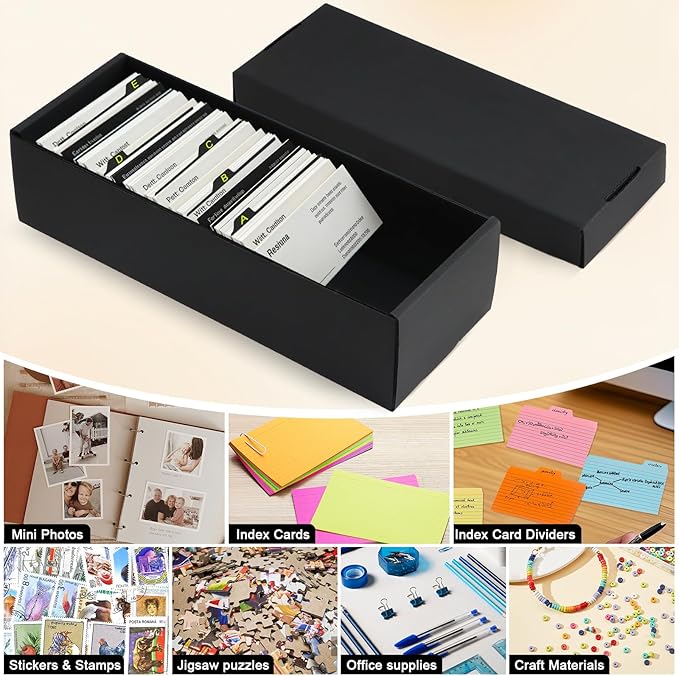 QLOUNI Business Card Storage Box 4 Pack, Business Card Holder Case with Lids & 112 Index Dividers, Holds 3200 Cards Total, Desk Business Card Organizer, Black Card Index & Recipe Card Storage