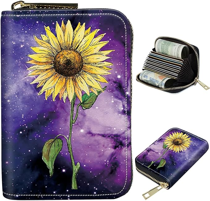BWEGRHE Cute Credit Card Holder with Zipper, Sunflower Yellow Purple Galaxy RFID-Blocking Card Case Small Wallet for Women Men, Multi-slot Card Organizer Case Travel Accordion Wallet