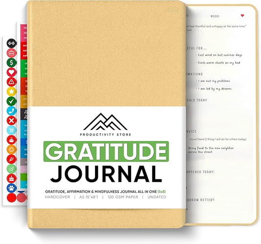 Gratitude & Self-Care Journal - Guided Mindfulness & Mental Health Journal All-in-One with Prompts for Self Discovery - Daily Journal for Men & Women by PRODUCTIVITY STORE (A5, Cream)