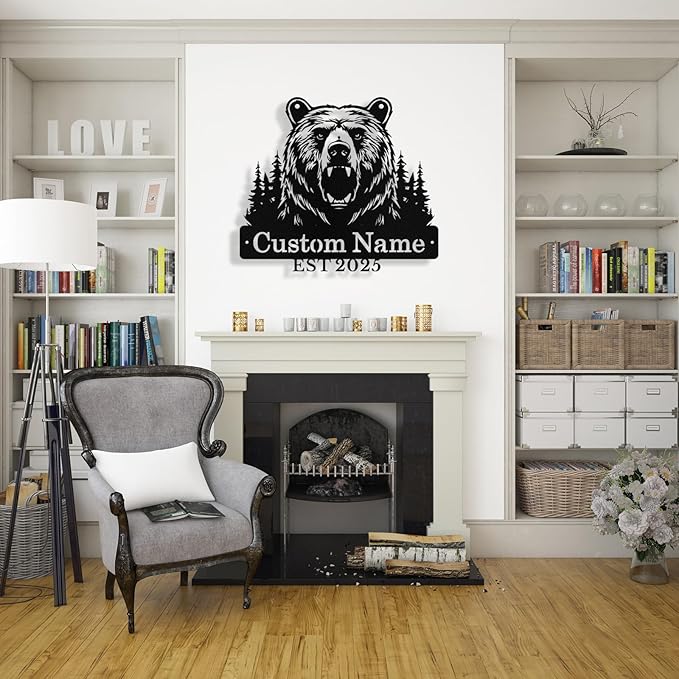 Custom Bear Metal Sign, Custom Bear Metal Wall Art Decor, Personalized Last Name Signs for Home, Rustic Farmhouse Black Wall Decor for Cabin, Bedroom, Living Room, Porch