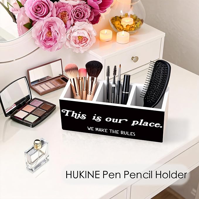 HUKINE This Is Our Place We Make the Rules Pen Holder for Desk Decoration, Inspirational Quotes Wooden Box Sign Pencil Holder Organizer for Home Office Desk Accessories, Housewarming Gifts New Home