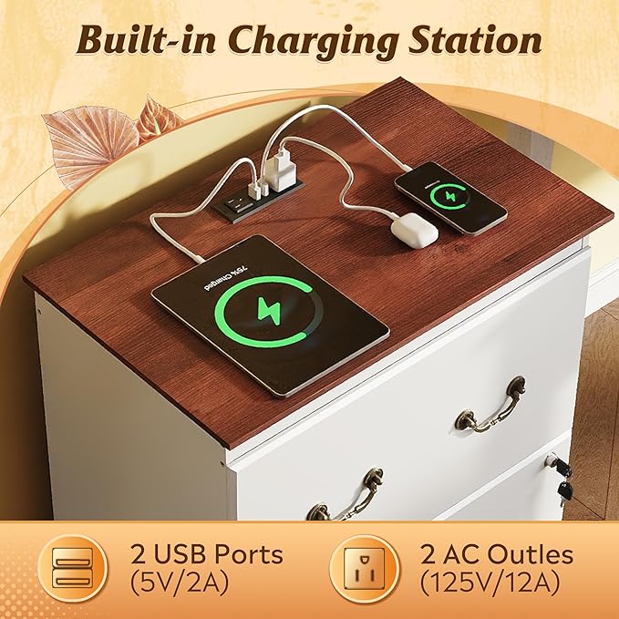 DEVAISE 2 Drawer File Cabinet,Lateral Vintage Farmhouse Wood Filing Cabinet with Lock & Charging Station for Letter/Legal/A4 Size, White