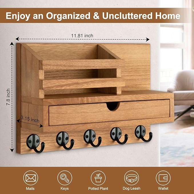Lucundm Key Holder Wall Mount, Mail Holder with Storage Drawer and 5 Key Hooks for Coat, Dog Leash, Home Decor Rack, House Accessories, Entry Way Organizer (Wood)