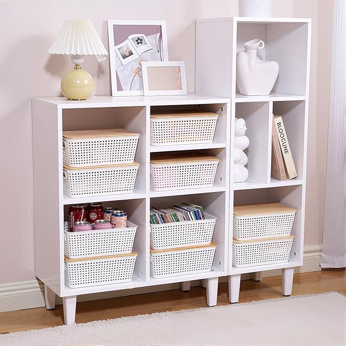 Anywish Storage Bins with Lids 8 Packs, Plastic Storage Bins with Bamboo Lids for Pantry Organization and Storage Containers for Shelves Drawers Desktop Closet Playroom Classroom Office Home, White