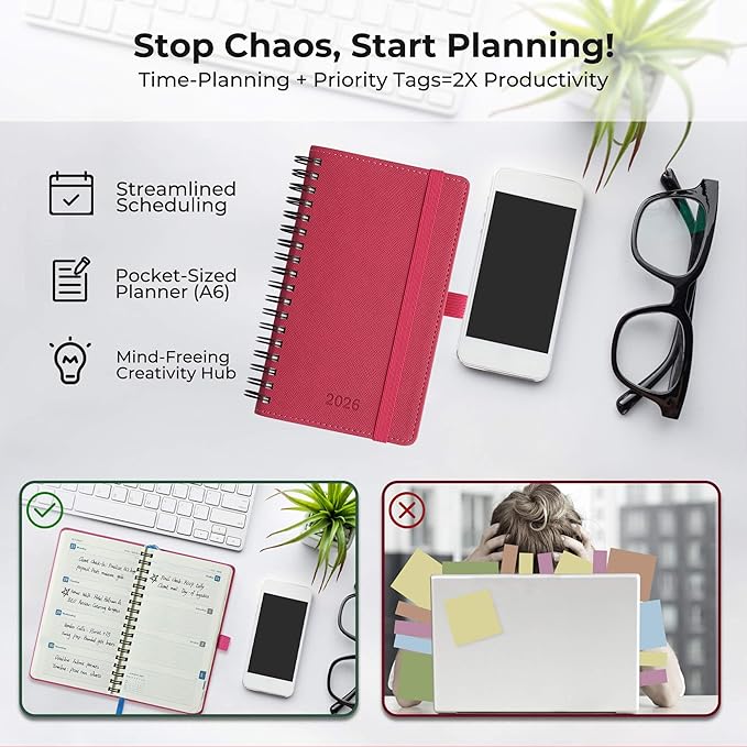 IN-LUXPRO Planner 2026 Daily Weekly and Monthly,6.5"x3.75",12 Months Spiral Bound Calendar Agenda with Self-adhesive Pen Holder,2026 Appointment Book with Vegan Leather Soft Cover,Rose Red