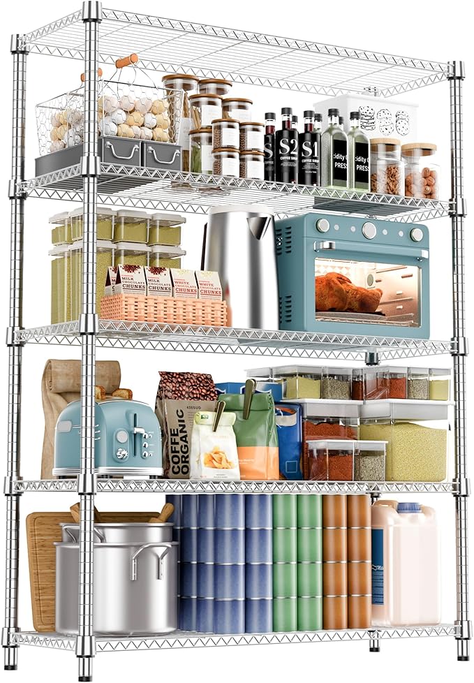 M MZG 5 Tiers Shelf 1750 lbs Steel Storage Shelving Utility Shelving Unit Steel Organizer Wire Rack for Home,Kitchen,Office,Garage Chrome 17.7" D x 47.2" W x 72.4" H
