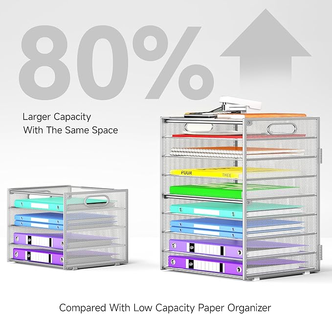 Cawukege 9 Tier Paper Organizer with Handle, Large Capacity Desk Organizer Mesh File Folder Letter Paper Tray Desktop Document Sorter for Classroom, School, and Office Accessories Organization- Silver