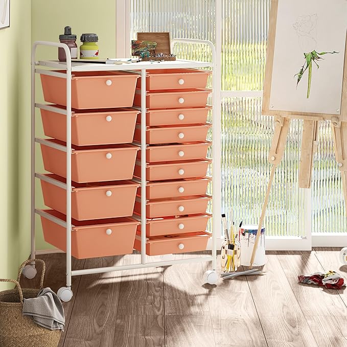 COSTWAY 15-Drawer Rolling Storage Cart, Mobile Utility Cart with Heavy-duty Frame & Lockable Wheels, Multipurpose Storage Organizer for Tools, Paper, Home, Office, School, Peach
