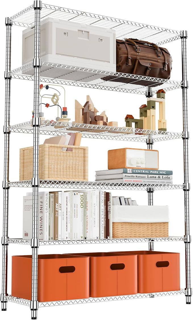 M MZG 6 Tiers Shelf 2100 lbs Steel Storage Shelving Utility Shelving Unit Steel Organizer Wire Rack for Home,Kitchen,Office,Garage Chrome 17.7" D x 47.2" W x 82.4" H