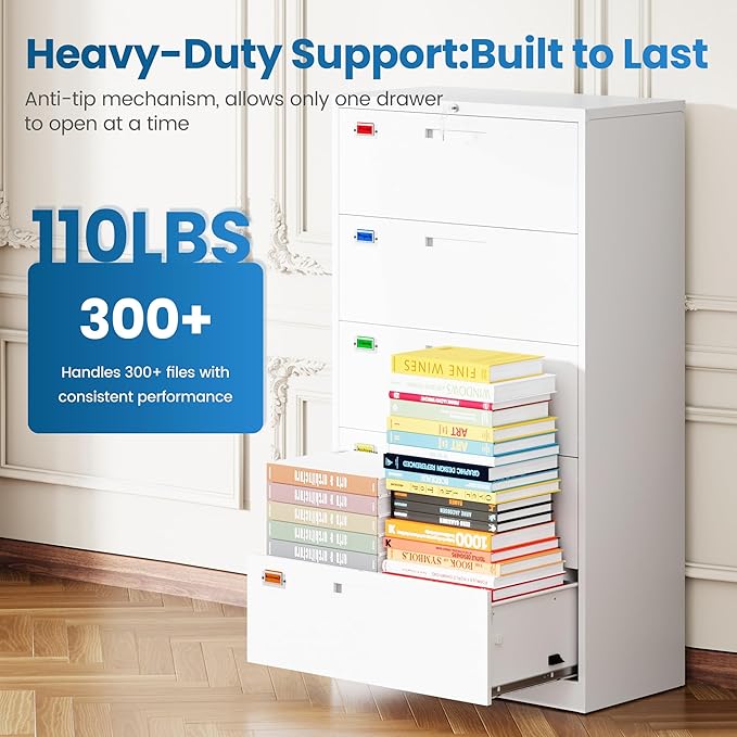 PEUKC 5 Drawer File Cabinet, Lateral Filing Cabinets for Home Office, Office Storage Drawers with Lock, Hanging Files Legal/Letter A4 Size (Assemble Required,White)